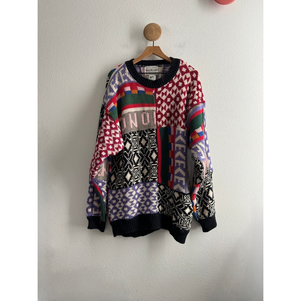 Vintage Absolutely NO! Jeans Patchwork Knit Sweater Multi Color Oversized OSFM